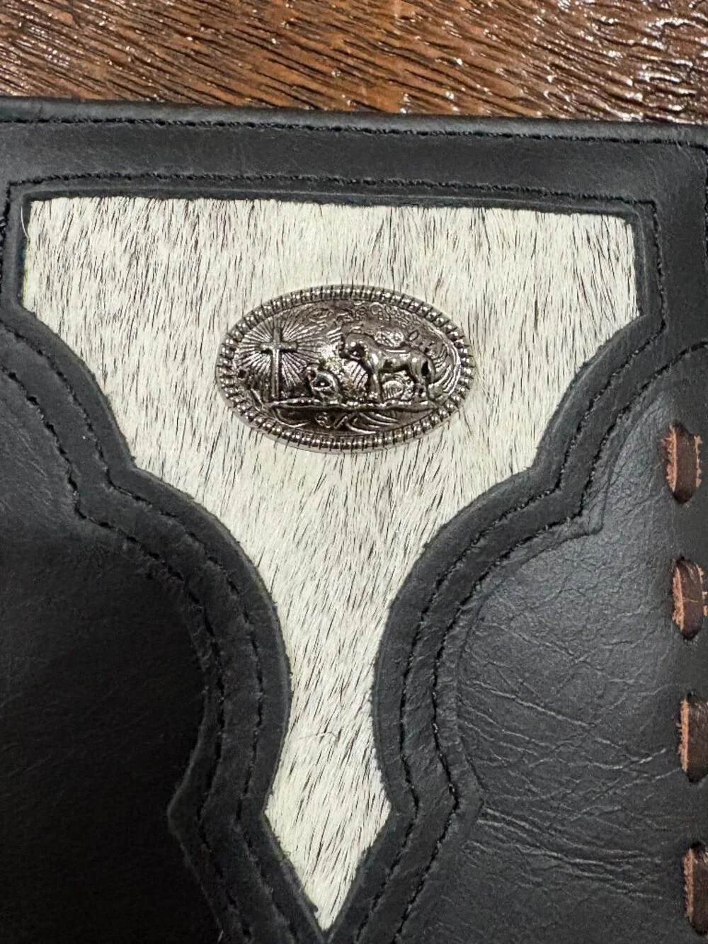 Genuine Leather Long Bi-fold Men's Wallet Horse Rider Cross Animal Hair Black